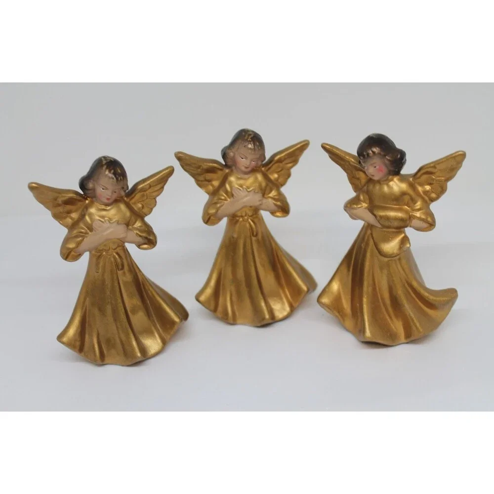 Vintage Set of 3 Christmas Angel Figurines Japan MCM Metallic Gold Hand Painted